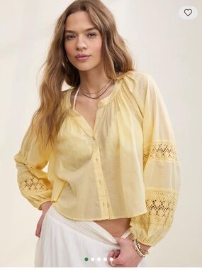 Aerie  Pale Yellow Crochet-Sleeve Peasant Blouse